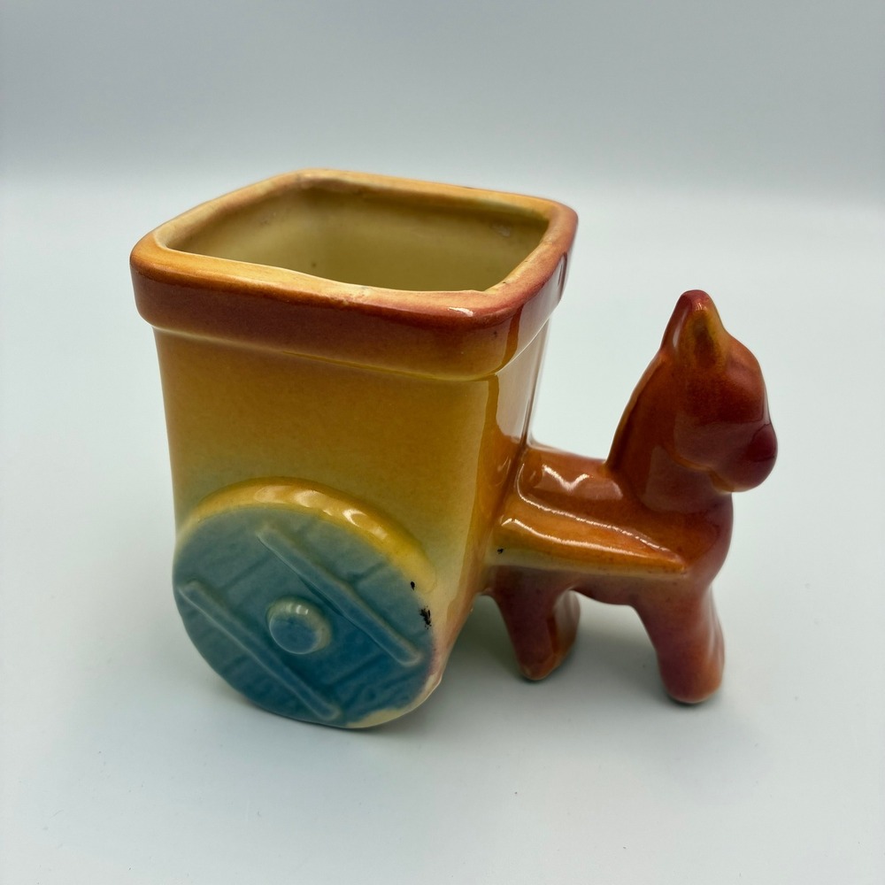 Vintage Donkey and Cart Ceramic Planter Multi Color Drip Glaze Kitsch Decor